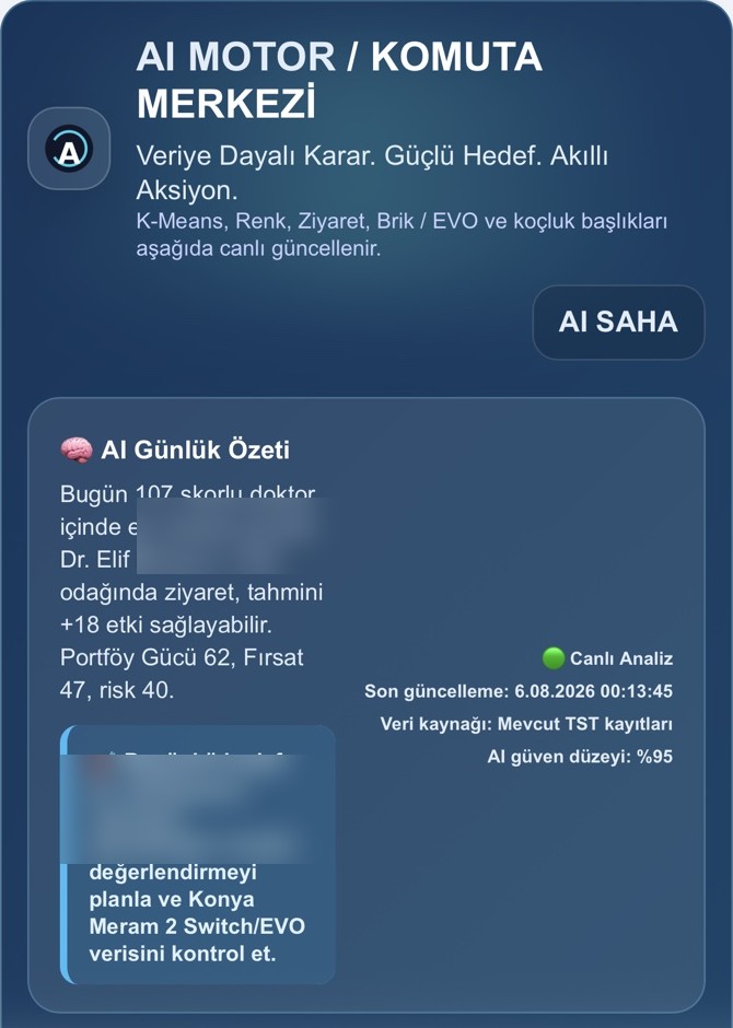 AI SAHA TST AI Motor ve Komuta Merkezi ekranı